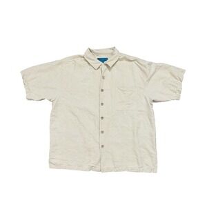Paradise Blue VTG 100% Silk Hawaiian Beige Palm Tree Short Sleeve Shirt Mens XL